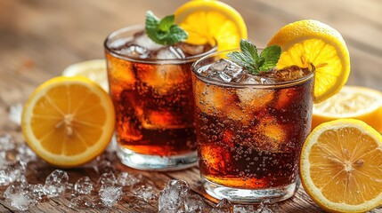 Refreshing iced drinks with lemon and mint
