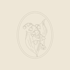 A minimalist line drawing of a lily of the valley in an oval frame. Elegant botanical artwork in a vintage style. Suitable for logos, packaging, greeting cards, and interior decor.