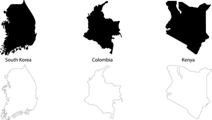 Set of three countries maps South Korea Colombia and Kenya with black fill and outline isolated on transparent