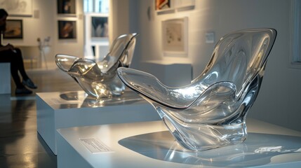 Two transparent acrylic chairs are prominently showcased in a contemporary art gallery, illuminated by soft lighting that highlights their unique shapes and artistic design.