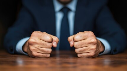 Close-Up of Determined Businessperson Clenching Fists on Desk in Office Attire