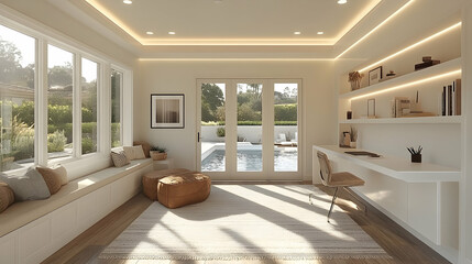 Bright, airy sun-drenched home office with a cozy reading nook