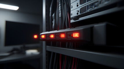 High-performance server room with active network devices and glowing red status lights.