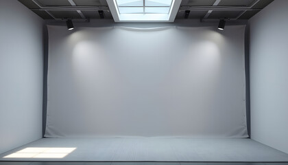 Empty space (empty wall in a bright room)Fabric Pop Up basic unit Advertising banner media display backdrop, empty background, 16:9 Panoramic banner. White tone