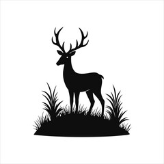 Deer Silhouette Standing on Grass Black Vector Art