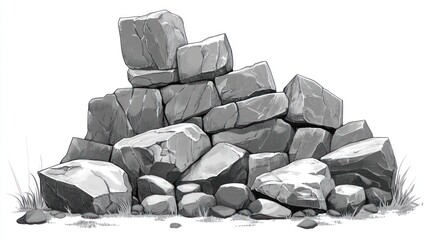Fototapeta premium Pile of gray stones and rocks on grass.