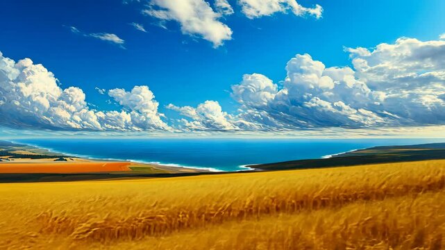 painting anime cartoon of gold wheat field sway in wind blow under blue cloudy sky and ocean view at far sight 