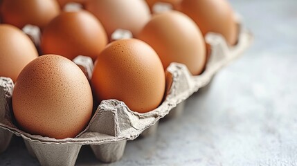 Fresh brown eggs in a cardboard carton.