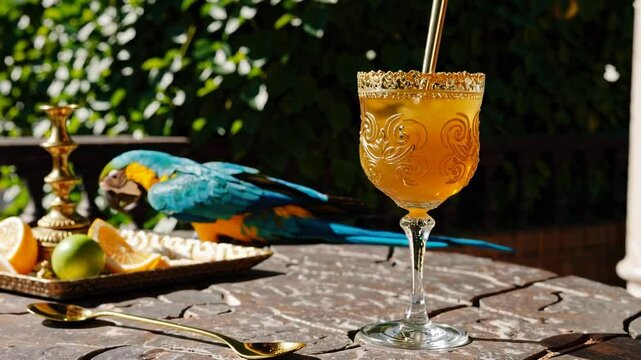 Macaw with citrus cocktail on wooden table under tropical sunlight

