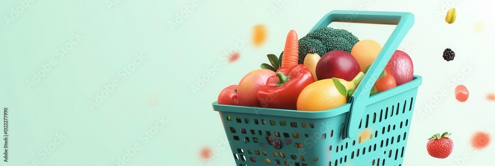 Poster fresh fruits and vegetables in a green shopping basket against a soft pastel background for a minima