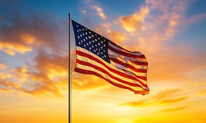 An american flag waving against a beautiful golden sunset sky