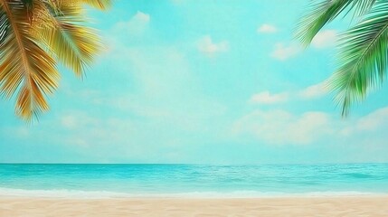 Fototapeta premium Palm trees dot the beachy foreground while the backdrop of this painting showcases a vibrant blue sky with cloudy details