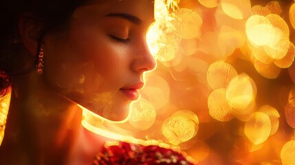 Fototapeta premium A woman is captured in profile against a backdrop of warm golden hues and soft bokeh effects. Her serene expression highlights the peaceful atmosphere created during sunset