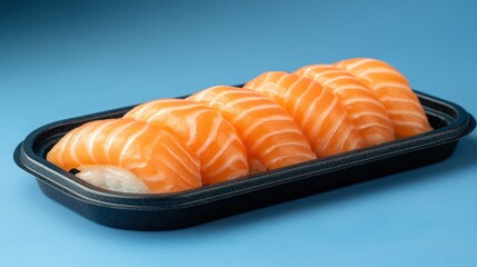 Salmon sushi in a black plastic container.