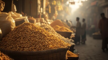 A bustling spice market filled with colorful spices creates an immersive sensory and cultural experience amidst golden sunlight.