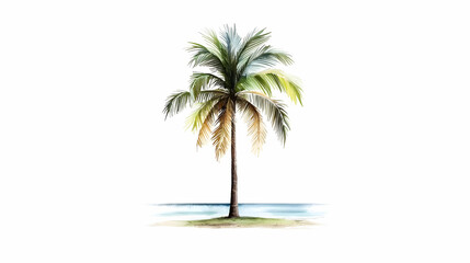 Obraz premium Watercolor Painting of a Lush Green Palm Tree on a Small Sandy Island With Tranquil Blue Ocean View