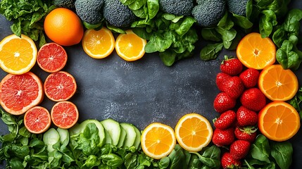 A clean and minimalistic layout of fresh fruits and vegetables with space for healthy lifestyle or diet tips text