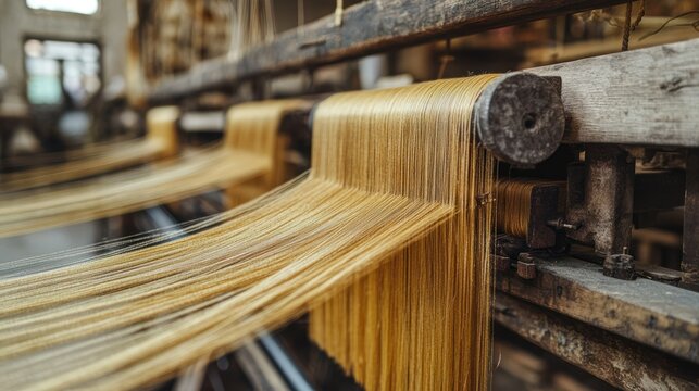 Loom Yarns glide. Old machinery processes golden threads, creating textile