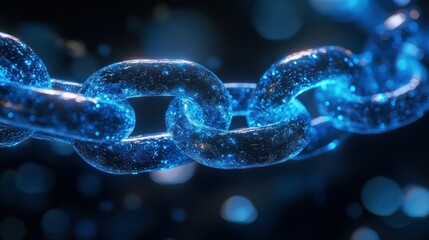 Luminous chain links glow, interconnected against a dark, blurred background