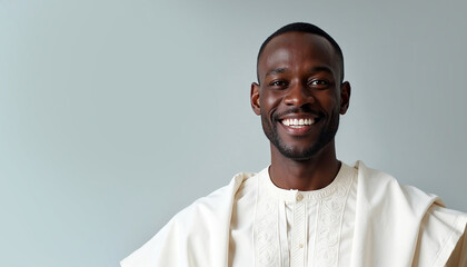African man in traditional clothes against grey background