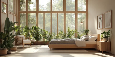 A spacious bright modern bedroom with a green natural view