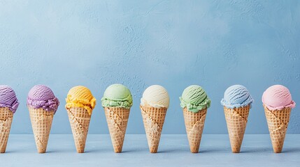  Ice cream cone row on table against blue background