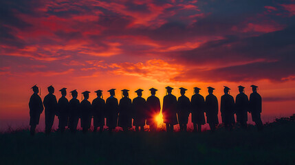 Happy group of young graduates celebrating sunset together, wearing caps and gowns, enjoying friendship, success, and joy in a memorable university graduation ceremony