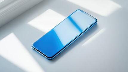 A sleek, icy blue smartphone, resembling an  device, rests on a stark white background, ready for a mockup design.