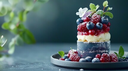   A blueberry-topped cake with fresh berries and a leafy garnish