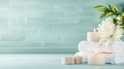   A towering stack of pure white towels rests beside a vase overflowing with vibrant flowers, with flickering candles gracefully placed in front