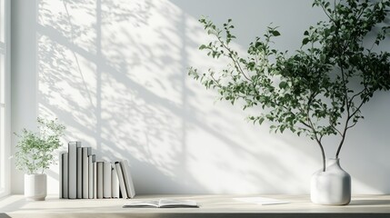 Obraz premium Minimalist interior with plants, books, and sunlight.