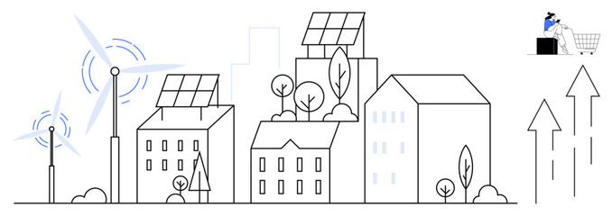 Wind turbines and solar panels on buildings in a cityscape promote renewable energy use and sustainability. Shopping cart and arrows suggesting growth and efficiency. Ideal for topics such as green