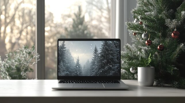 A minimalist mockup showcases a laptop resting on a pristine table, its front screen facing the viewer, against a backdrop of a festive Christmas tree, inviting users to visualize their digital