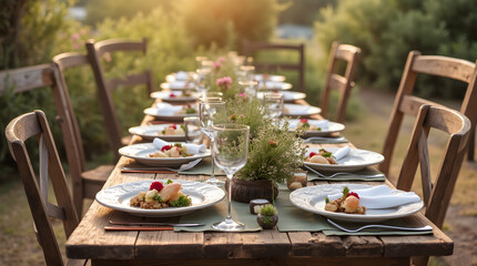 Long Wooden Table Set for Outdoor Dinner Party Rustic Garden Elegant Al Fresco Dining