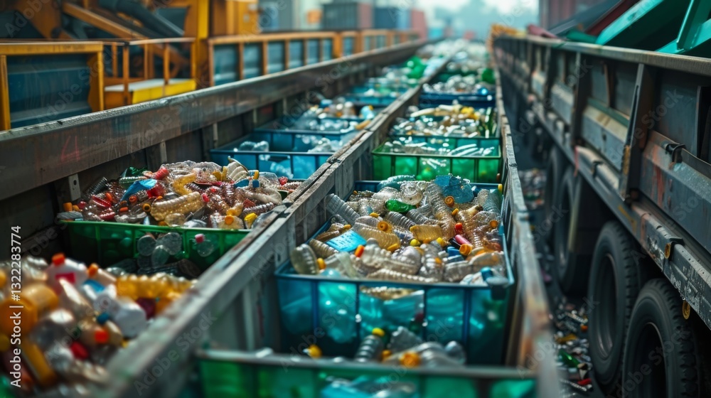 Aufkleber sorting facility is busy with numerous containers filled with various types of plastic waste, showca