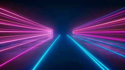 Vivid Blue and Pink Neon Lights Converging on a Dark Reflective Surface in a Futuristic Tunnel Setting with Dynamic Blur