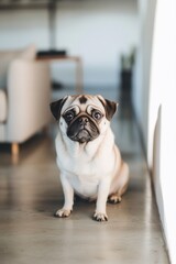 Cute pug dog sitting indoors by a bright wall in a modern home setting during daylight hours