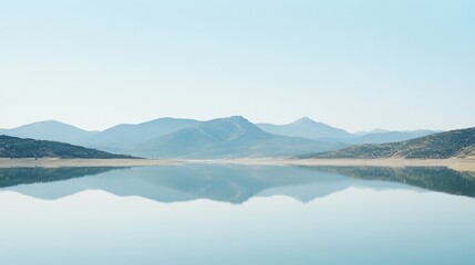 Obraz premium A tranquil lake mirrors the clear sky and distant mountains seamlessly, creating a dreamy, serene reflection of nature’s quiet beauty.