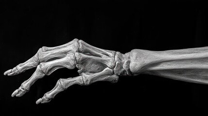 Close-up of a skeletal hand and forearm against a black background.
