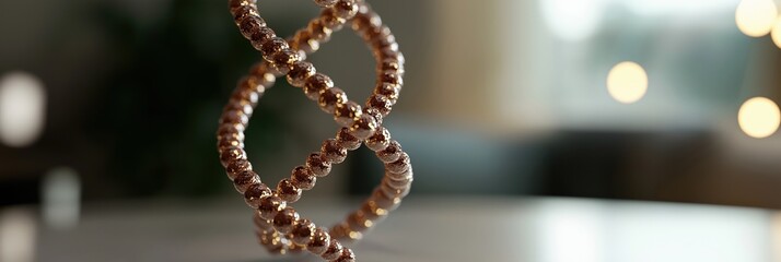 A captivating spiral sculpture made from gleaming beads captures attention with its artistic flair, blending creativity and elegance in a modern artistic form.