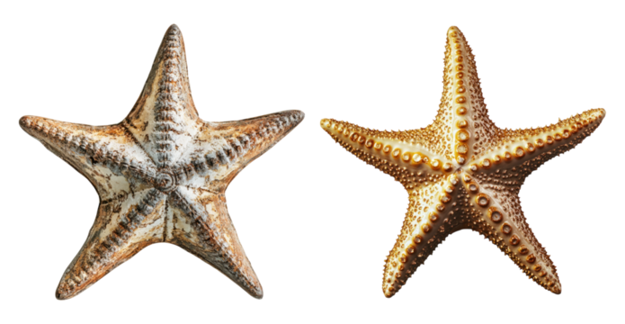 Two Unique Sea Stars Displaying Distinct Textures and Colors, PNG bundle collection, Isolated on Transparent Background