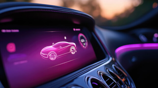 Futuristic Car Dashboard with Neon Lit Digital Display at Sunset