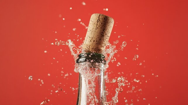 Close-up of a champagne cork popping out of a bottle in commercial photography. Cork popping out of the bottle on a red background.