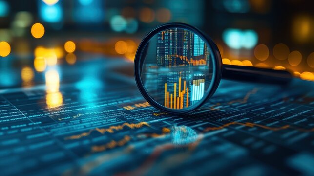 Fototapeta A detailed analysis of the bustling financial market unfolds under a watchful zoom lens. Data documents, meticulously arranged on the table, serve as the foundation for a comprehensive exploration of