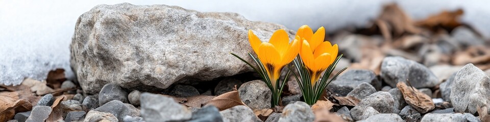 A small yellow flower is growing in the middle of a rocky area. The flower is surrounded by rocks and leaves, giving it a sense of isolation and strength