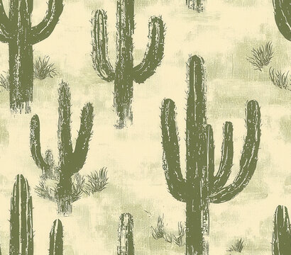 Cactus silhouettes in soft sage green create serene desert pattern, Seamless Pattern Style.