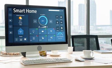 Smart home technology, centric remote control system with digital dashboard for air conditioning, safety security network or house automation. App software, ui panel programming IOT monitor snugly