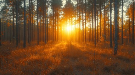 Fototapeta premium Golden Hour in the Pine Forest: A Sunset Spectacle