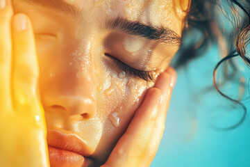 A deeply sorrowful portrait of a young person with visible tears streaming down their face, evoking emotions of sadness, despair, and vulnerability—ideal for mental health campaigns, emotional storyte