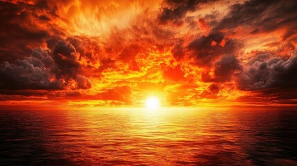 Obraz premium A stunning sunset unfolds across the horizon, with fiery orange and red hues illuminating the sky. The calm ocean mirrors the vibrant colors, creating a serene atmosphere